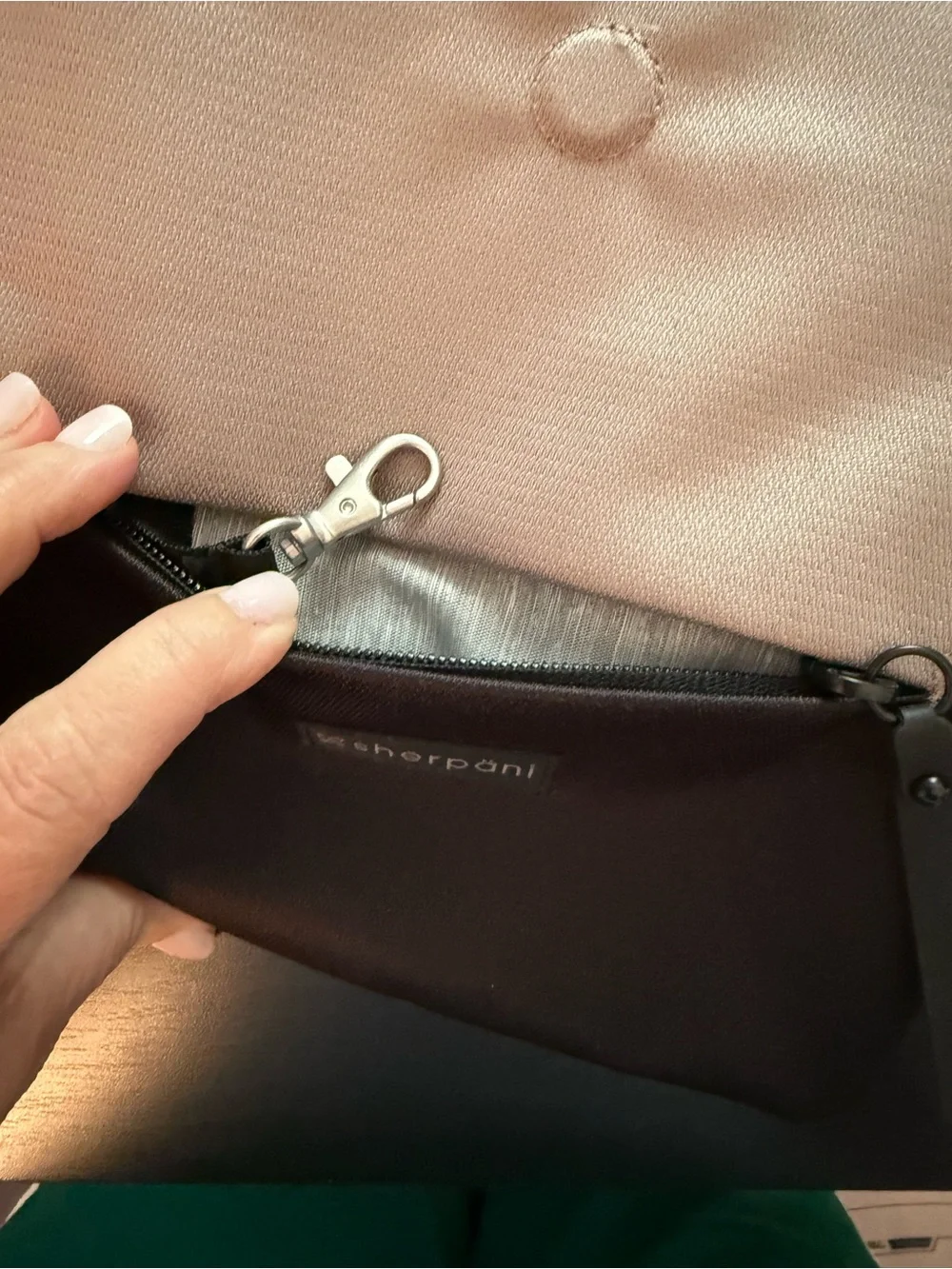 SHERPANI “Pica” style black & taupe crossbody bag with adjustable strap.